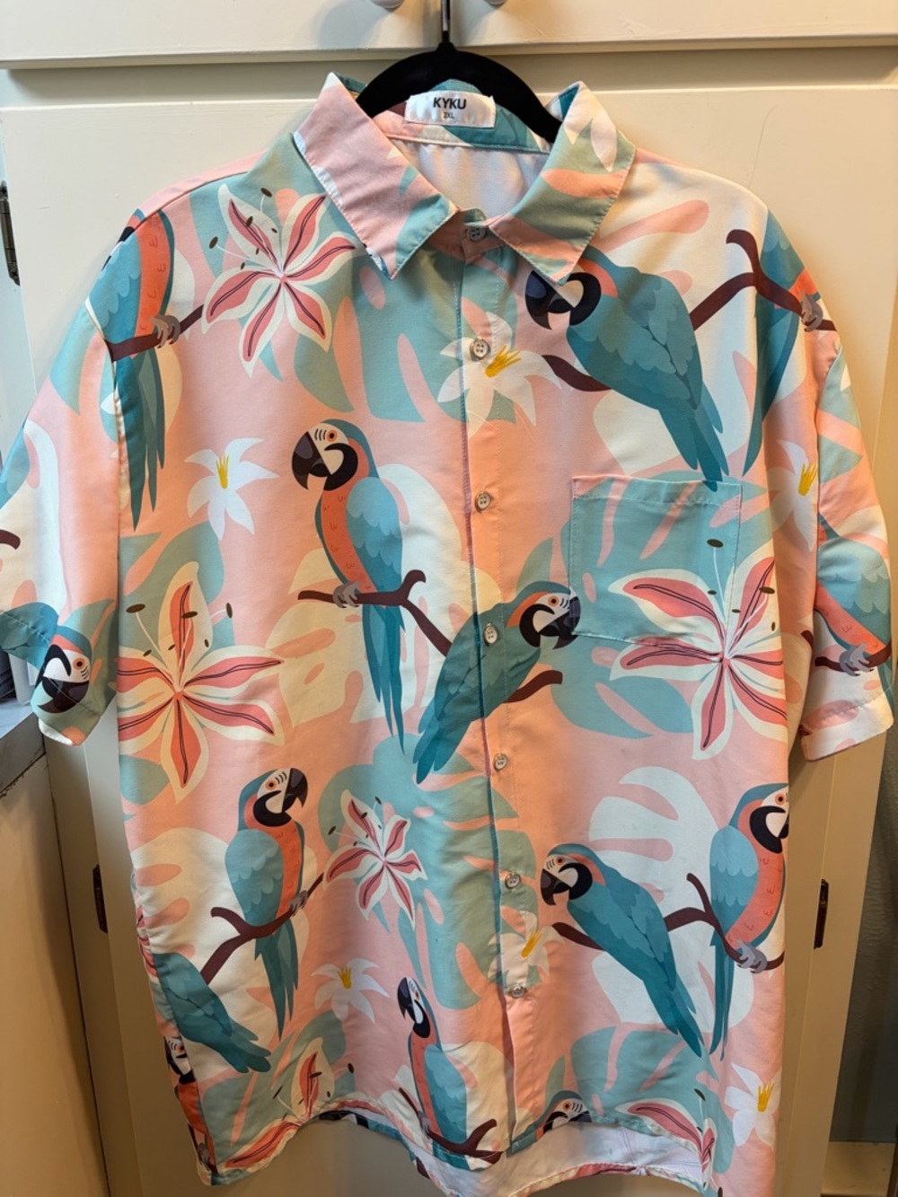KYKU Tropical Parrot Button-Up Shirt in Pink & Teal